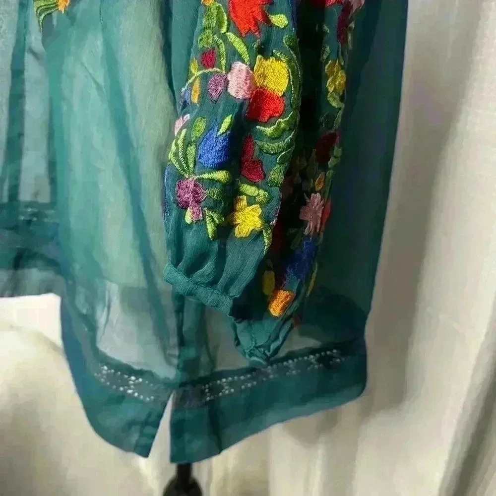 Anu Gorgeous Women’s Turquoise L/S Rayon Chiffon Embroidered Sheer Large Top - Picture 7 of 14